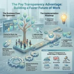 An infographic on "The Pay Transparency Advantage: Building a Fairer Future of Work" illustrating the business case for openness and a 3-step implementation roadmap. Features data panels highlighting compliance laws and the narrowing of the gender pay gap.