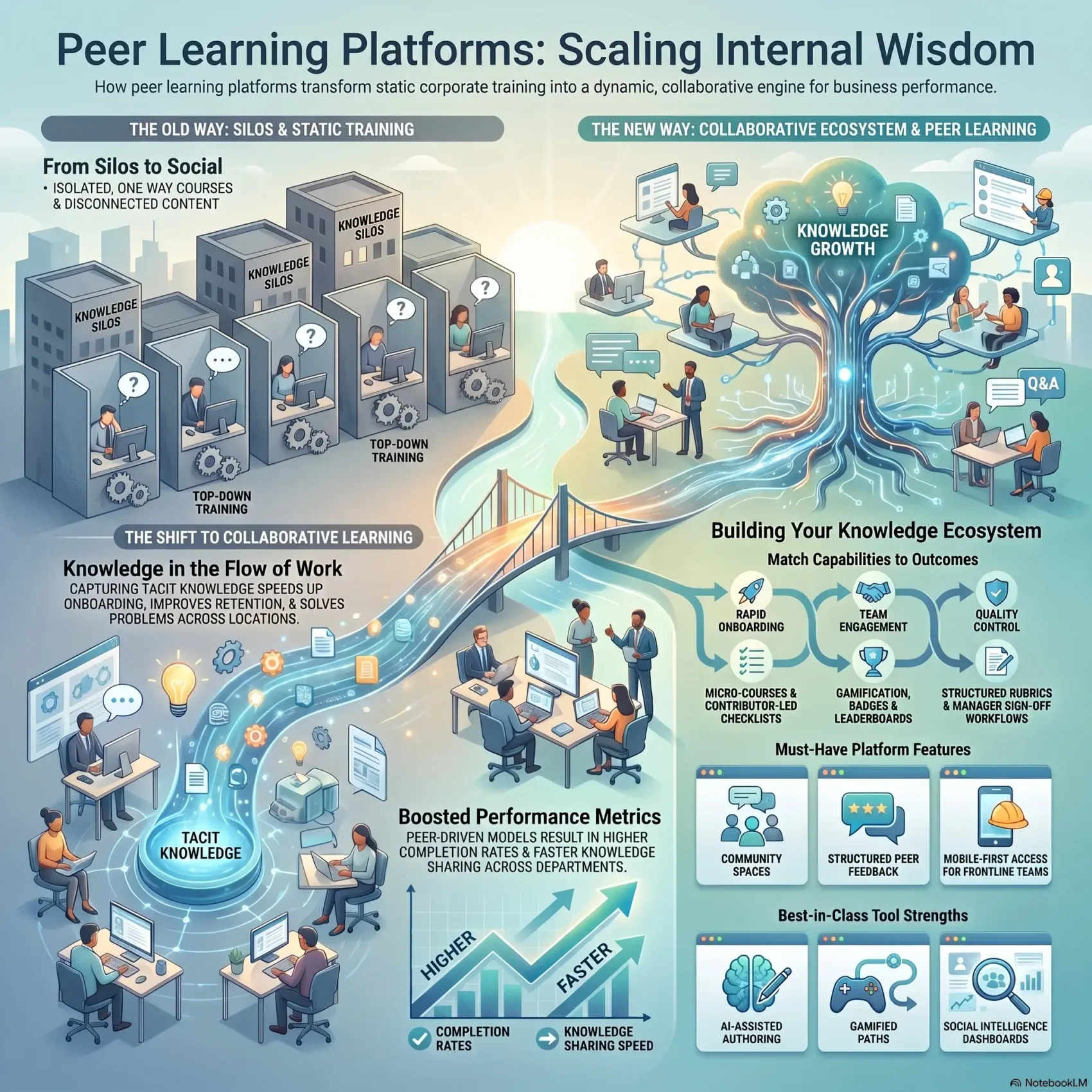 SmartKeys Infographic outlining peer learning platforms and scaling internal wisdom, contrasting traditional top-down training with collaborative ecosystems, tacit knowledge sharing, and gamified learning