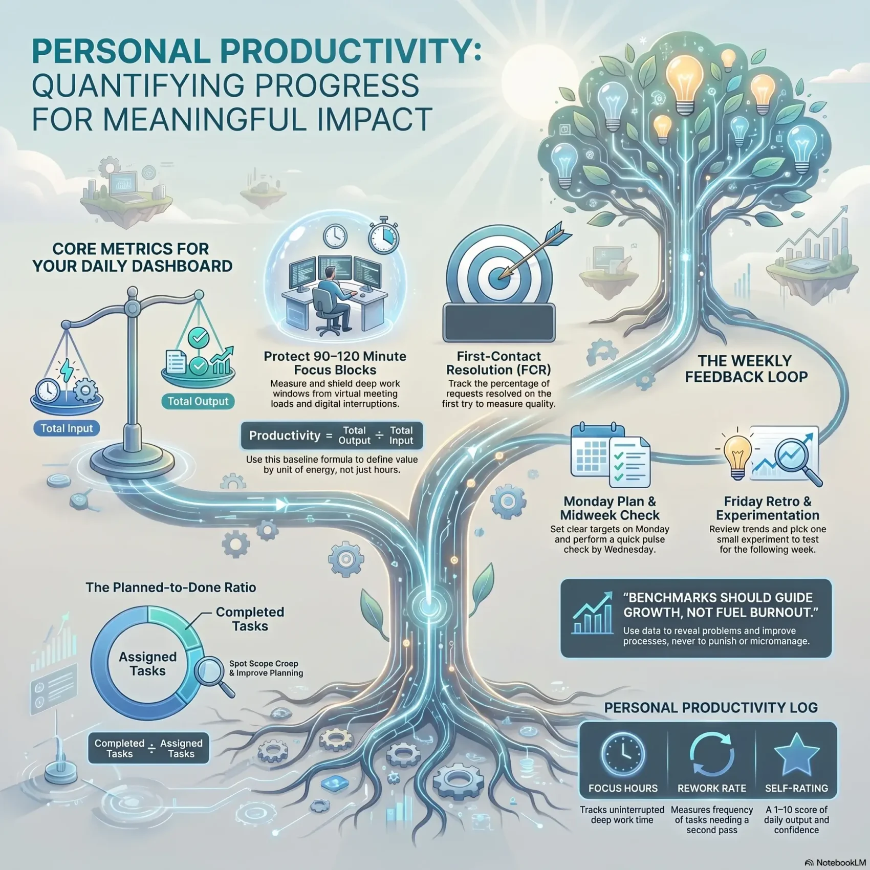 Infographic detailing personal productivity metrics to quantify daily progress, featuring core dashboard indicators like the planned-to-done ratio, focus blocks, input versus output balance, and weekly feedback loops.