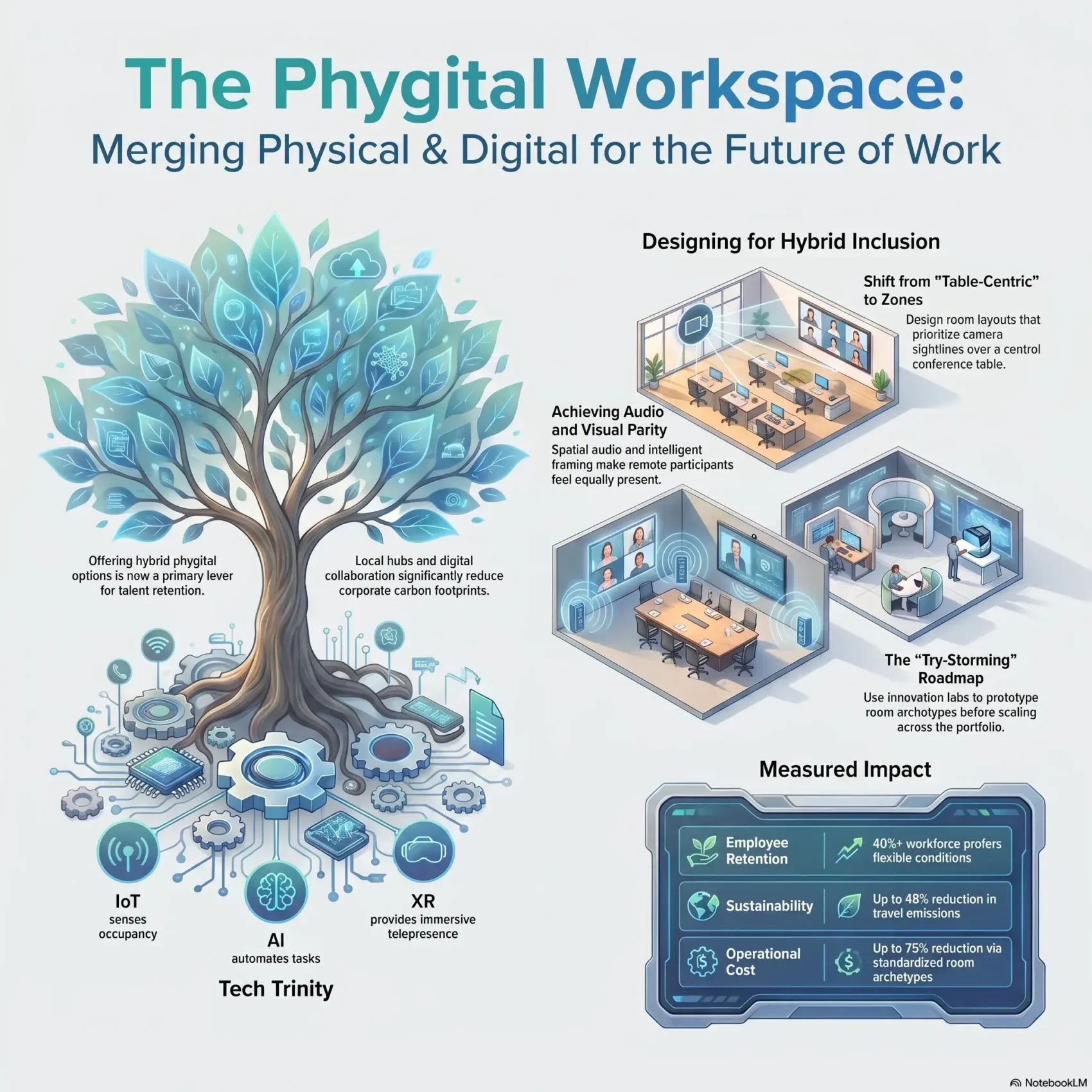 SmartKeys Infographic explaining phygital workspaces, merging IoT, AI, and XR technology to design hybrid office environments that boost employee retention, sustainability, and operational efficiency