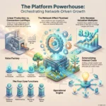 Platform Business Model: Unlocking Network-Driven Growth Strategic business infographic explaining the platform business model powerhouse, network-driven growth, the network effect flywheel, and core platform functions.