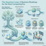 Quantum Computing: Preparing Your Business for the Next Leap Infographic roadmap titled 'The Quantum Leap' outlining a business readiness guide for quantum computing, highlighting qubits, hybrid workflows, hardware modalities, and mid-term security milestones.