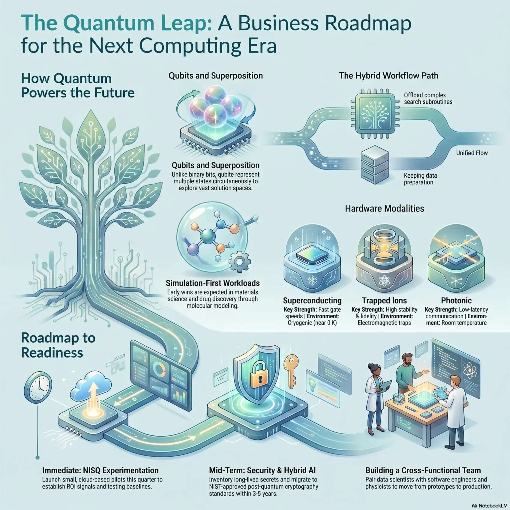 Infographic roadmap titled 'The Quantum Leap' outlining a business readiness guide for quantum computing, highlighting qubits, hybrid workflows, hardware modalities, and mid-term security milestones.