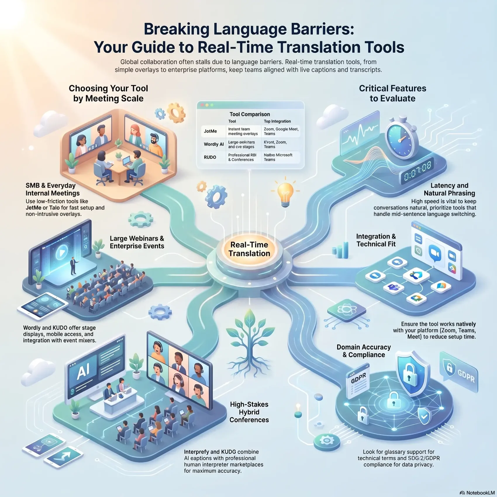 Guide infographic on choosing real-time translation tools to break language barriers in global business communication, virtual meetings, and enterprise webinars.