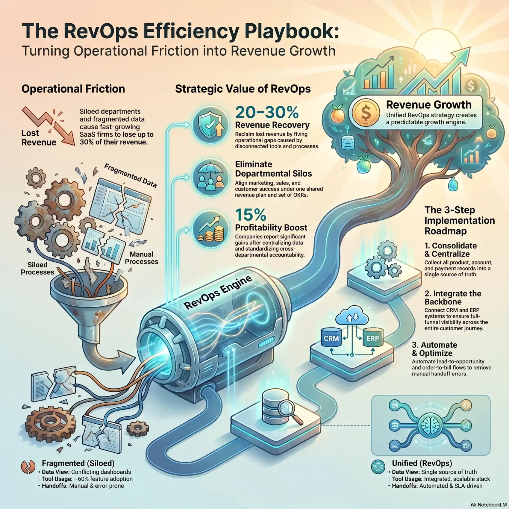 Infographic of the RevOps efficiency playbook showing how to turn operational friction into revenue growth through data centralization, cross-departmental alignment, and a three-step implementation roadmap.
