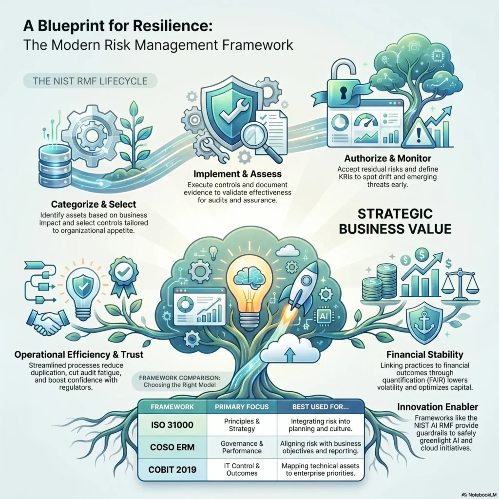 Infographic explaining the modern risk management framework and the NIST RMF lifecycle, highlighting strategic business value, operational efficiency, and a comparison of ISO 31000, COSO ERM, and COBIT 2019