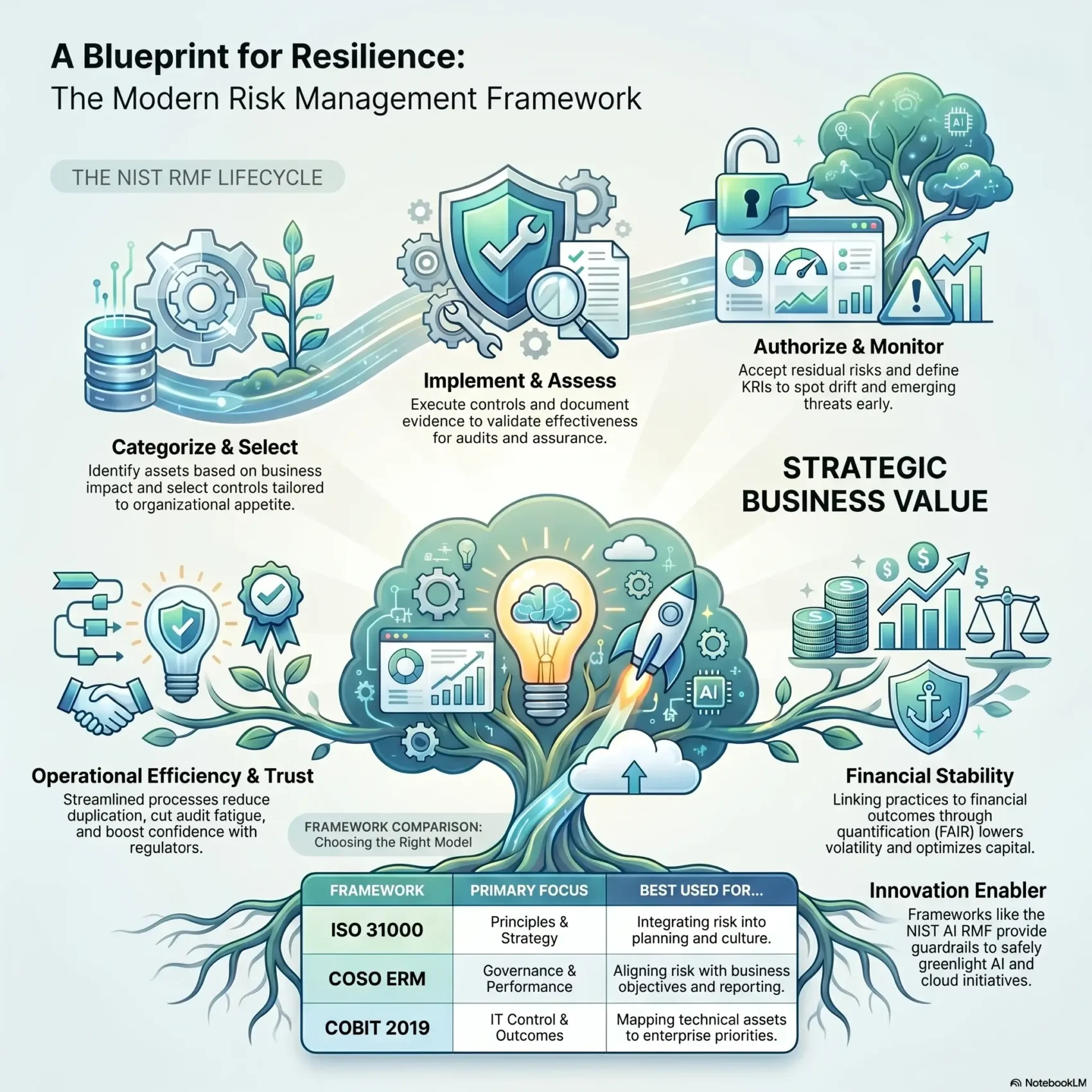 Infographic explaining the modern risk management framework and the NIST RMF lifecycle, highlighting strategic business value, operational efficiency, and a comparison of ISO 31000, COSO ERM, and COBIT 2019