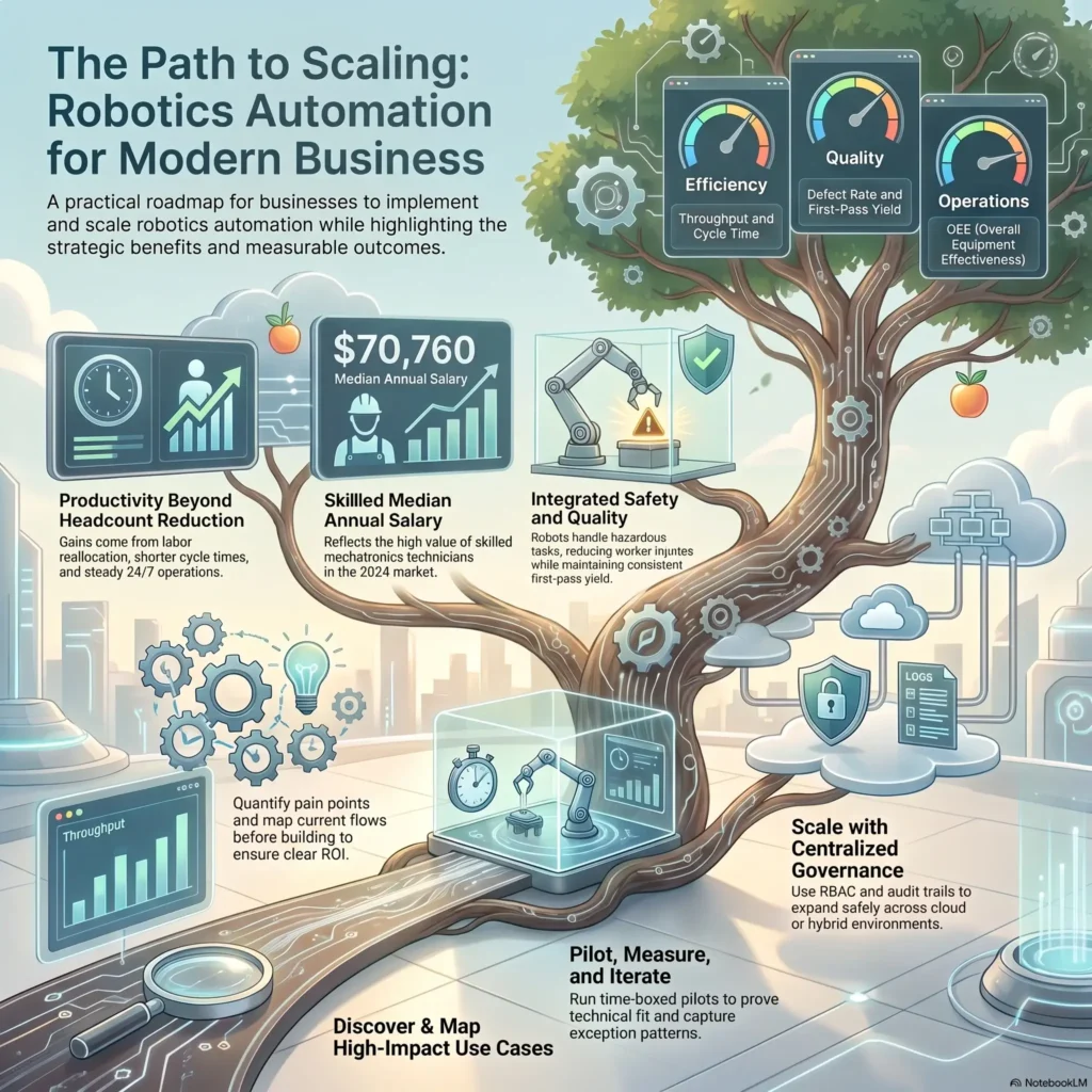 Roadmap infographic for scaling robotics automation and smart machines to optimize modern business operations, efficiency, quality, and centralized governance.