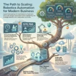 Roadmap infographic for scaling robotics automation and smart machines to optimize modern business operations, efficiency, quality, and centralized governance.