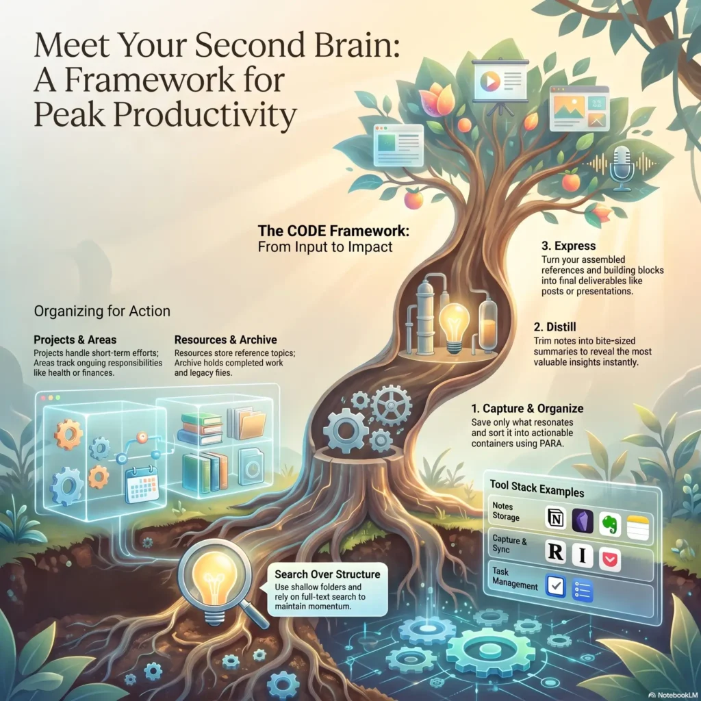 SmartKeys Infographic illustrating the Second Brain productivity framework, featuring the CODE process (Capture, Organize, Distill, Express), PARA method, and digital note-taking tool stack