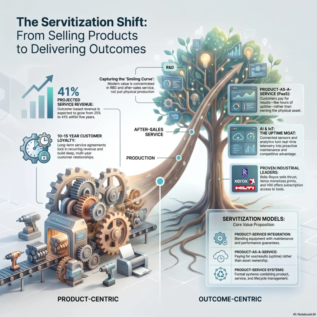 SmartKeys Infographic detailing the servitization shift from selling products to outcome-centric services, highlighting recurring revenue models, AI integration, and real-world industrial examples