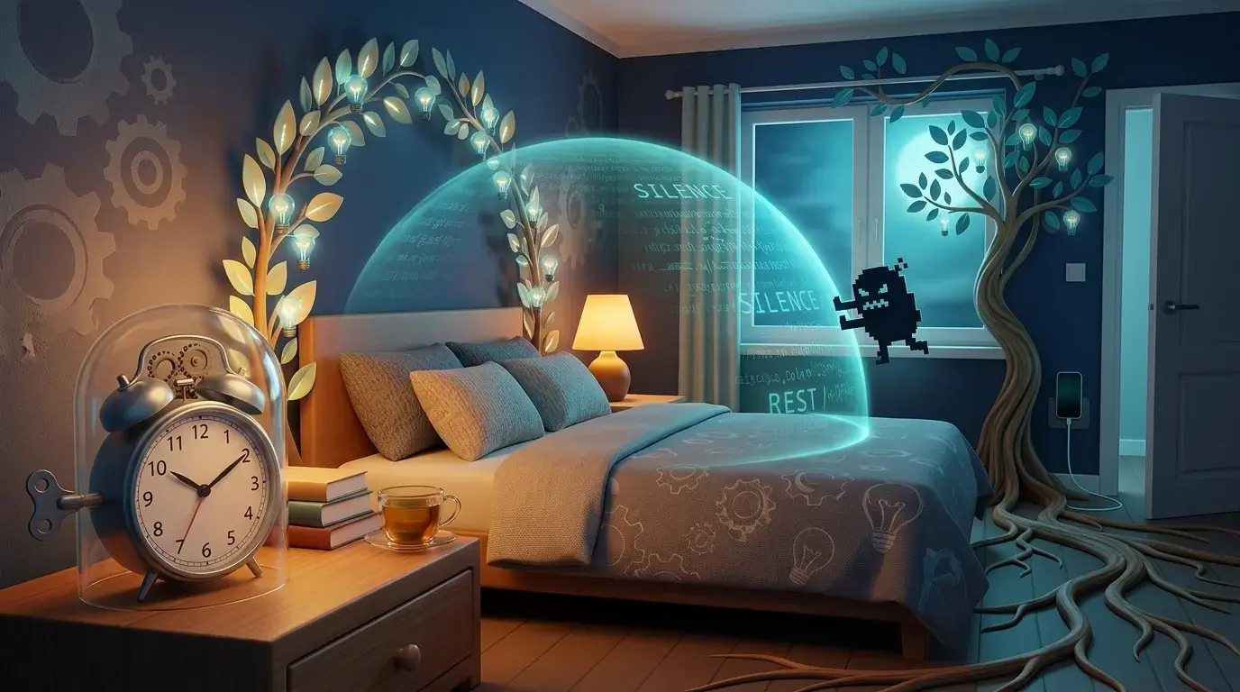 Conceptual 3D illustration of a tech-free bedroom sanctuary with a glowing protective rest shield, analog alarm clock, and nighttime digital detox routine for better sleep hygiene.