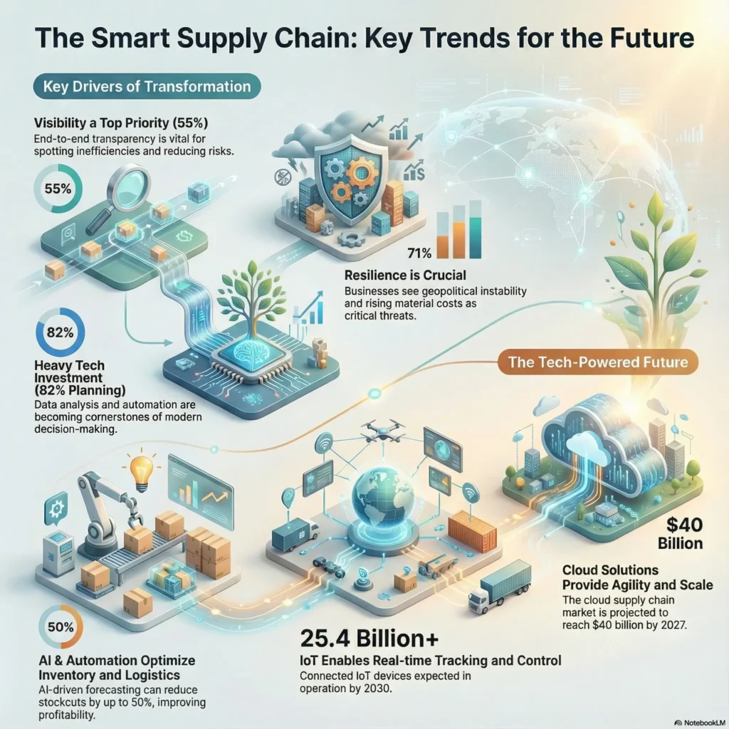 The Smart Supply Chain Infographic illustrating key future trends, including AI and automation for inventory, the impact of IoT on real-time tracking, and the growth of cloud solutions in logistics.
