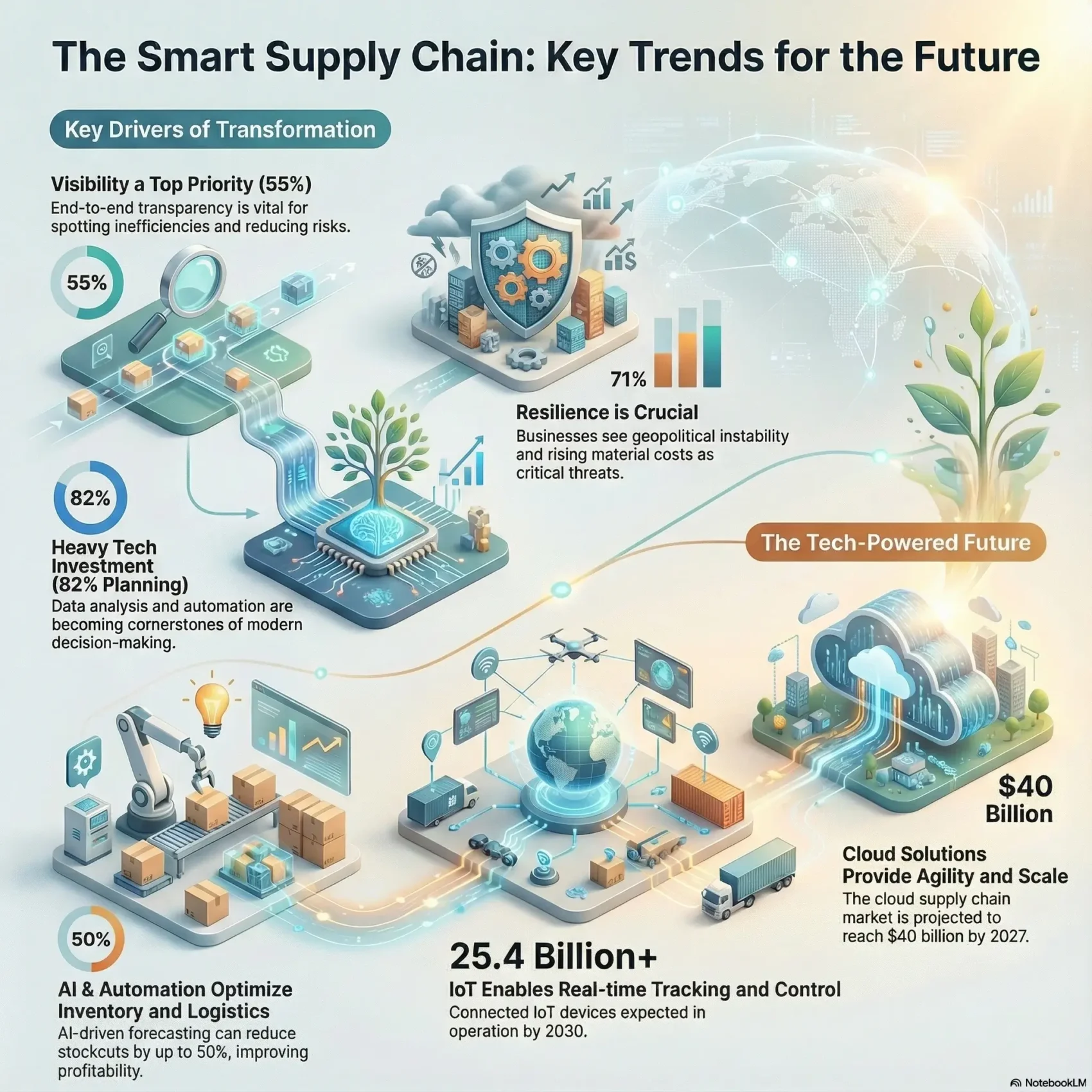 The Smart Supply Chain Infographic illustrating key future trends, including AI and automation for inventory, the impact of IoT on real-time tracking, and the growth of cloud solutions in logistics.