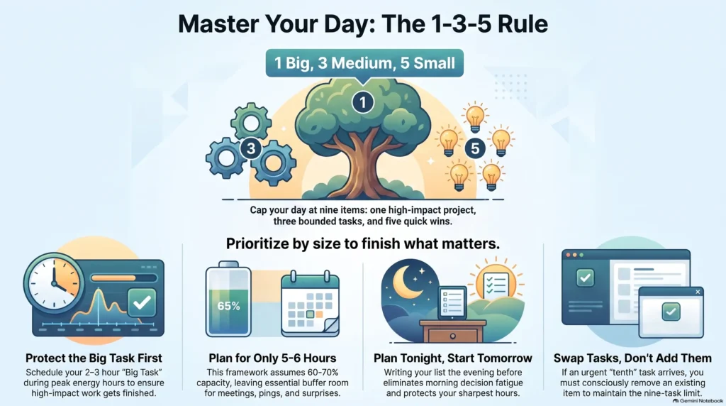 Infographic illustrating the 1-3-5 rule for daily task prioritization and time management, breaking the workday down into 1 big project, 3 medium tasks, and 5 quick wins with practical execution tips.