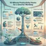 SmartKeys infographic visualizing 10-minute productivity hacks for a smarter workday, covering daily planning, the 5-minute promise to beat procrastination, and energy management habits.