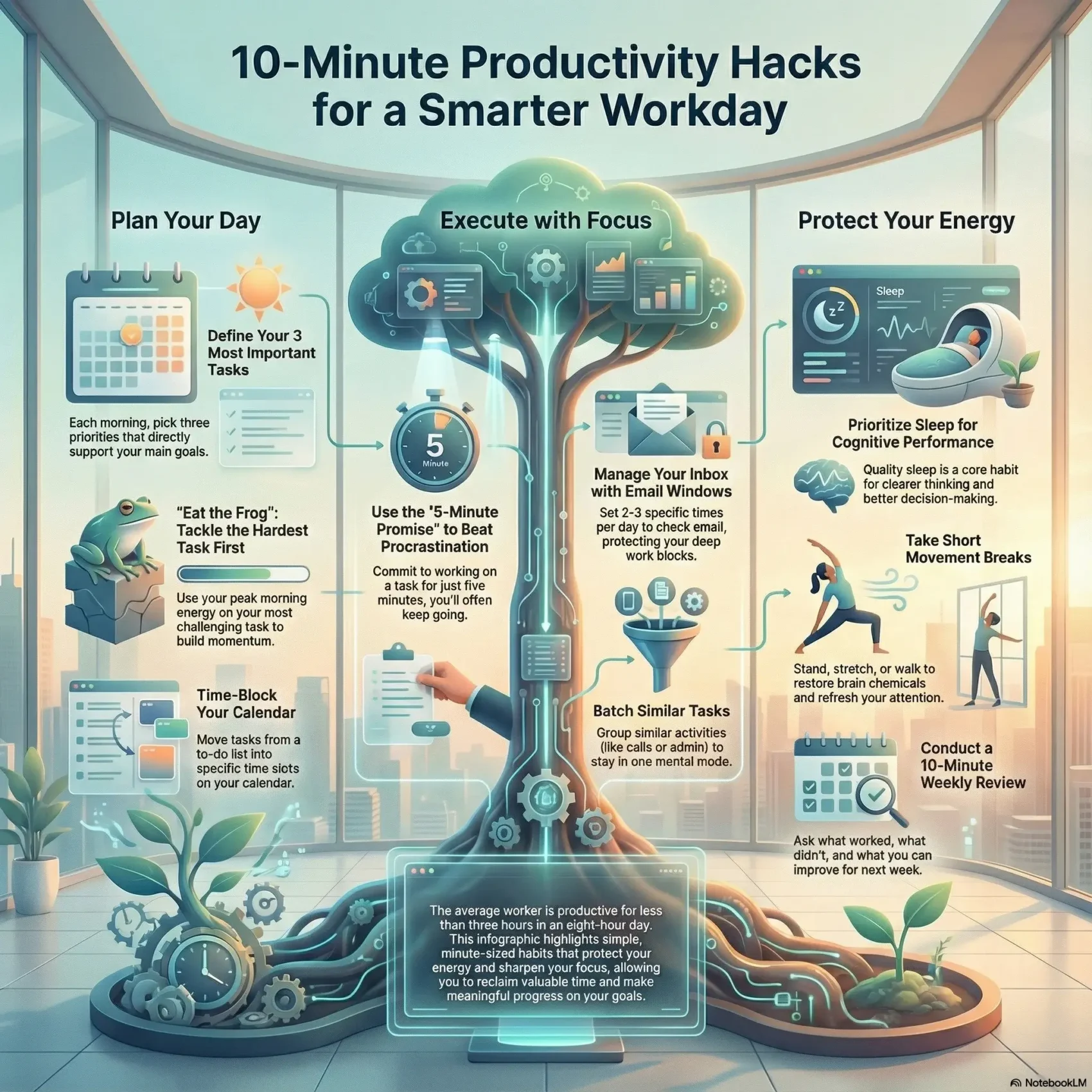 SmartKeys infographic visualizing 10-minute productivity hacks for a smarter workday, covering daily planning, the 5-minute promise to beat procrastination, and energy management habits.