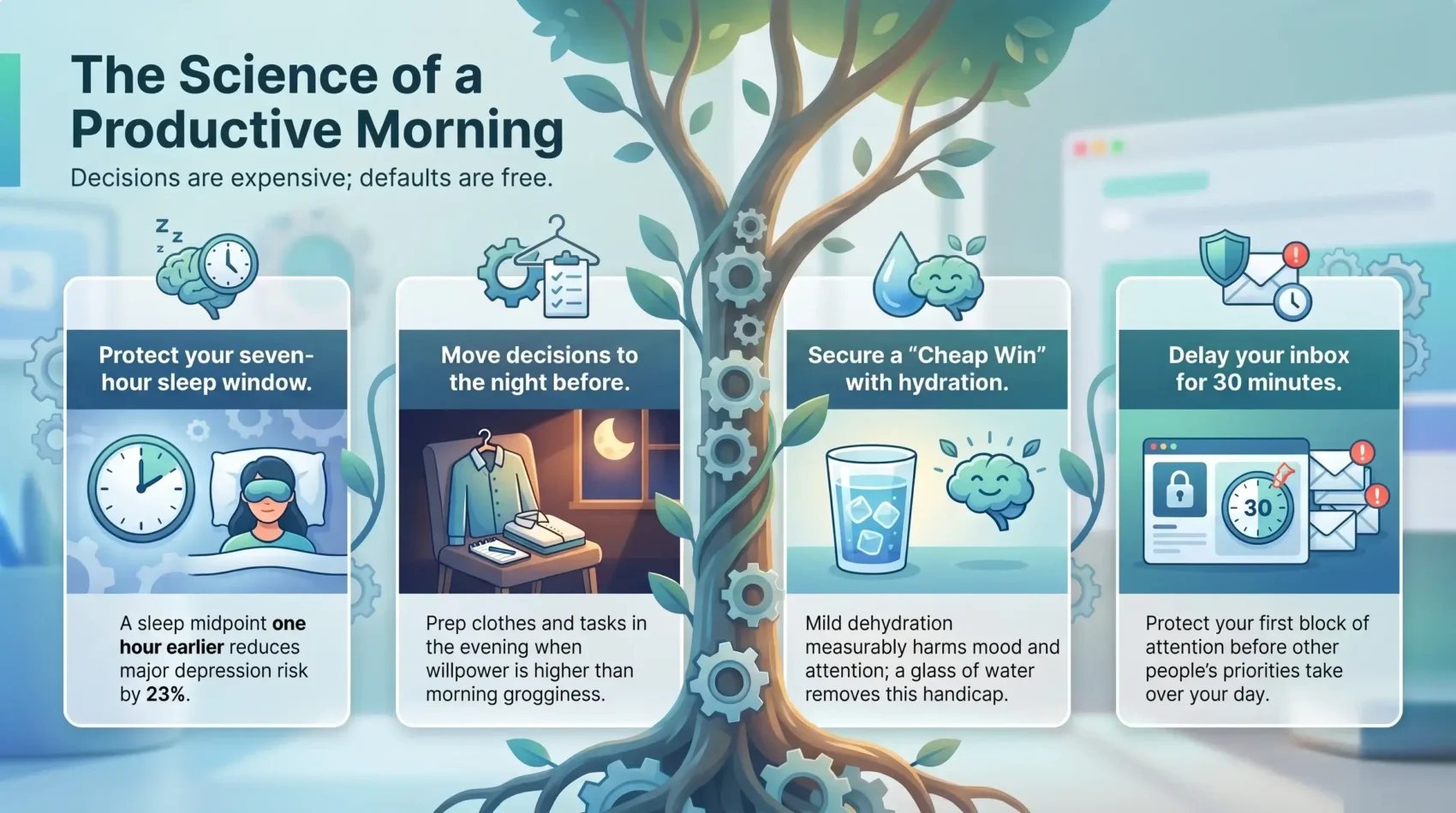 Infographic outlining key morning routine habits for productivity, including sleep optimization, evening preparation, hydration, and delayed inbox checking by SmartKeys.