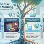 Infographic outlining key morning routine habits for productivity, including sleep optimization, evening preparation, hydration, and delayed inbox checking by SmartKeys.
