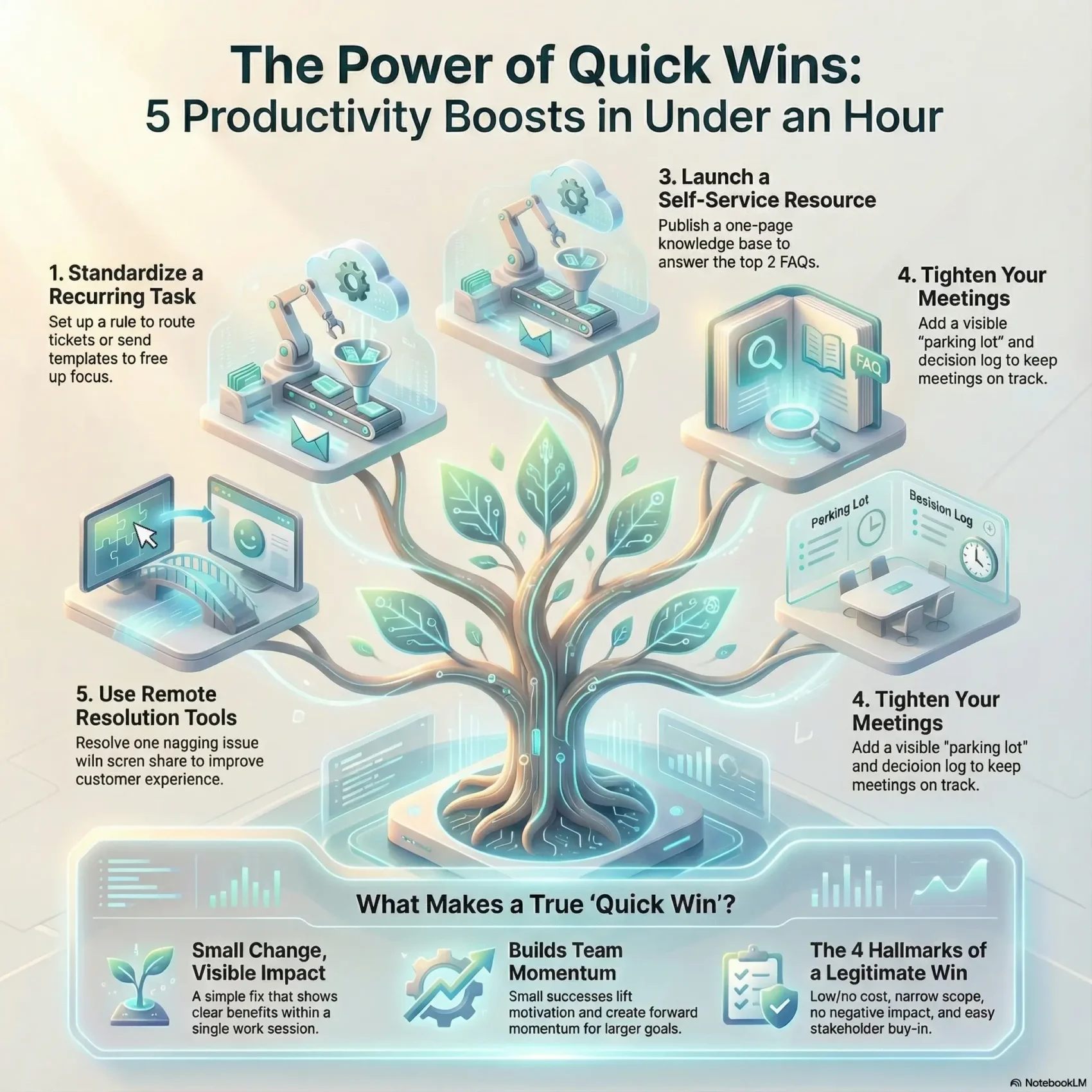 SmartKeys infographic detailing 5 quick productivity wins achievable in under an hour, such as standardizing recurring tasks, tightening meetings, and using remote resolution tools.