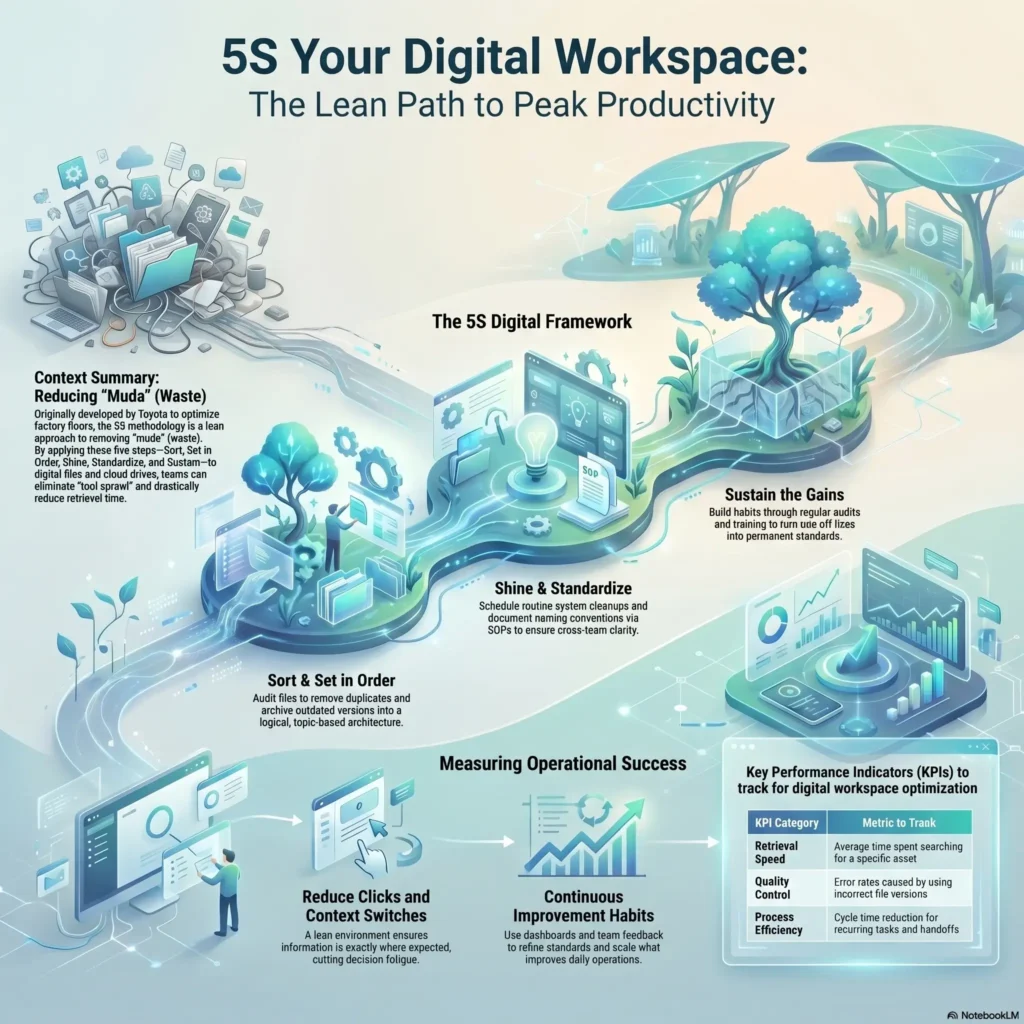 SmartKeys infographic illustrating the 5S methodology for a digital workspace, detailing steps to organize files, reduce digital waste, and track productivity KPIs.