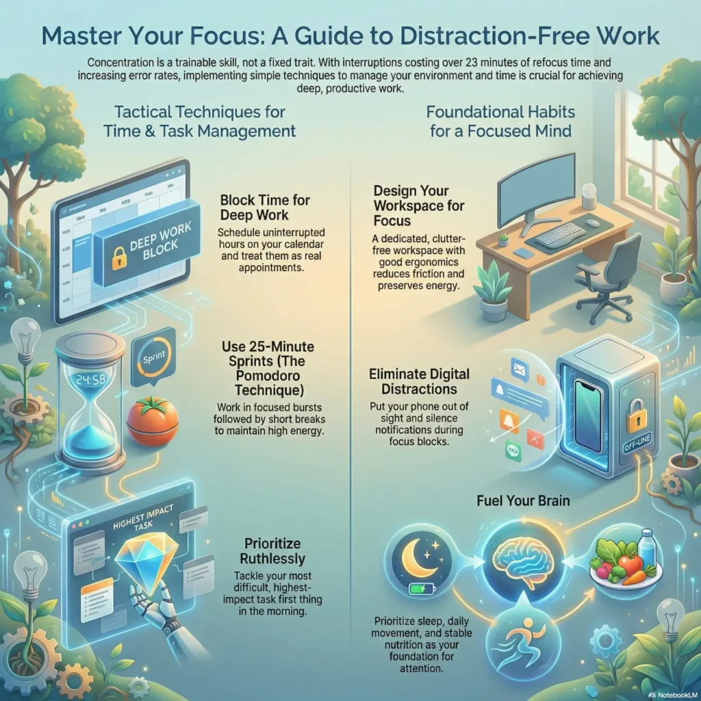 SmartKeys infographic titled Master Your Focus, illustrating 7 tactical techniques for distraction-free work, including deep work blocks, the Pomodoro technique, and workspace design.