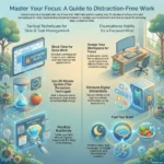 SmartKeys infographic titled Master Your Focus, illustrating 7 tactical techniques for distraction-free work, including deep work blocks, the Pomodoro technique, and workspace design.