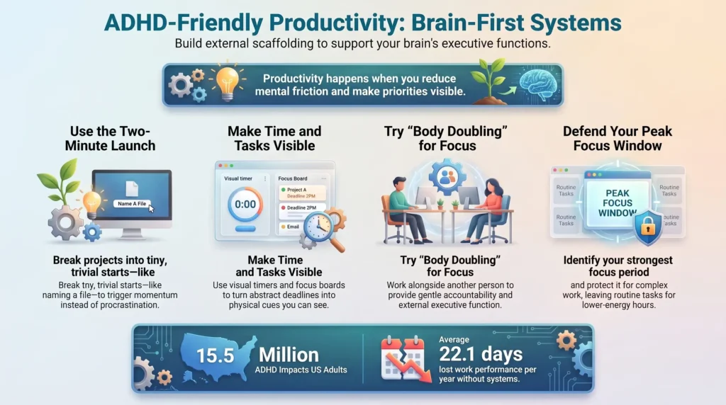 Infographic detailing ADHD-friendly productivity strategies, including the two-minute launch, body doubling, visual timers, and peak focus windows.