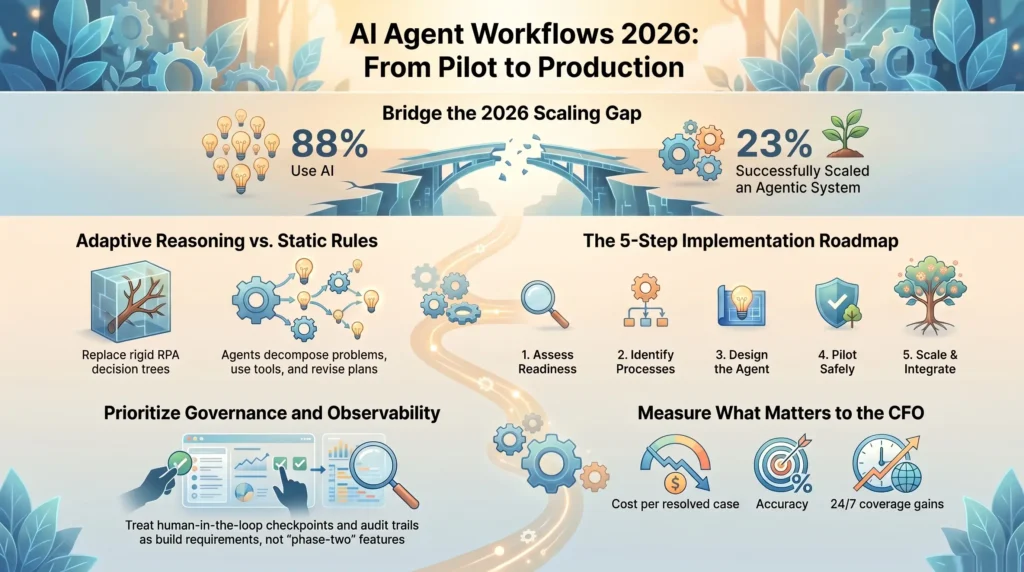 Infographic explaining AI agent workflows in 2026, showing the 5-step implementation roadmap from pilot to production, scaling gap statistics, governance, and business ROI metrics.