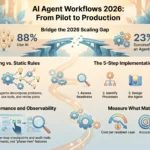 Infographic explaining AI agent workflows in 2026, showing the 5-step implementation roadmap from pilot to production, scaling gap statistics, governance, and business ROI metrics.