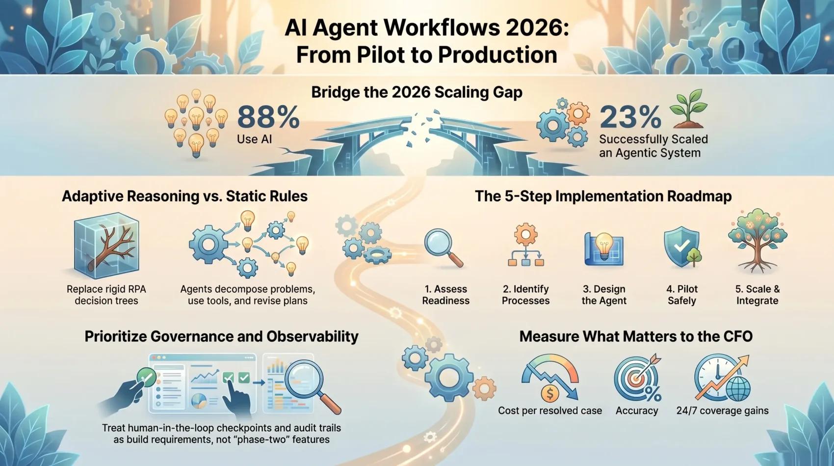 Infographic explaining AI agent workflows in 2026, showing the 5-step implementation roadmap from pilot to production, scaling gap statistics, governance, and business ROI metrics.