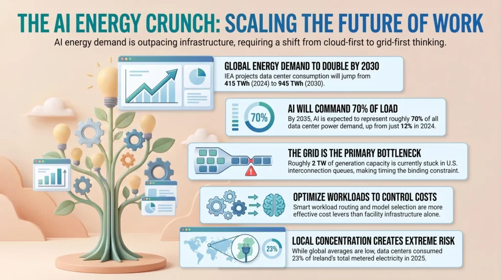 Data visualization infographic analyzing the growing energy crunch, power grid constraints, and rising electricity demand driven by AI data centers.