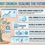 Data visualization infographic analyzing the growing energy crunch, power grid constraints, and rising electricity demand driven by AI data centers.
