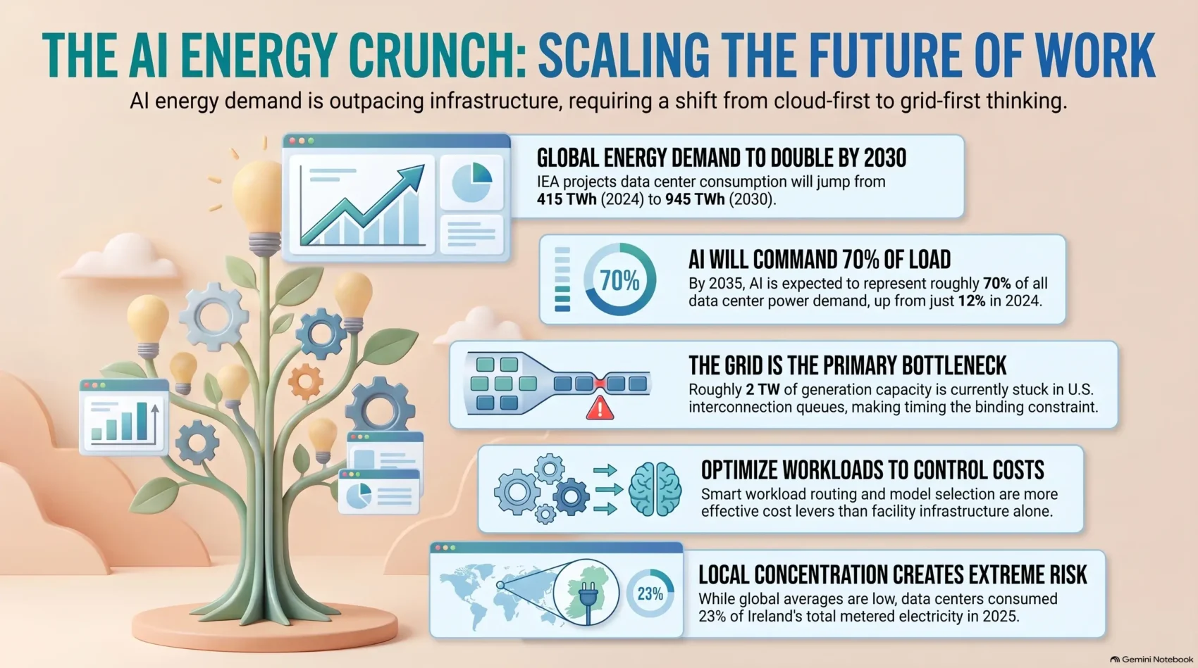 Data visualization infographic analyzing the growing energy crunch, power grid constraints, and rising electricity demand driven by AI data centers.