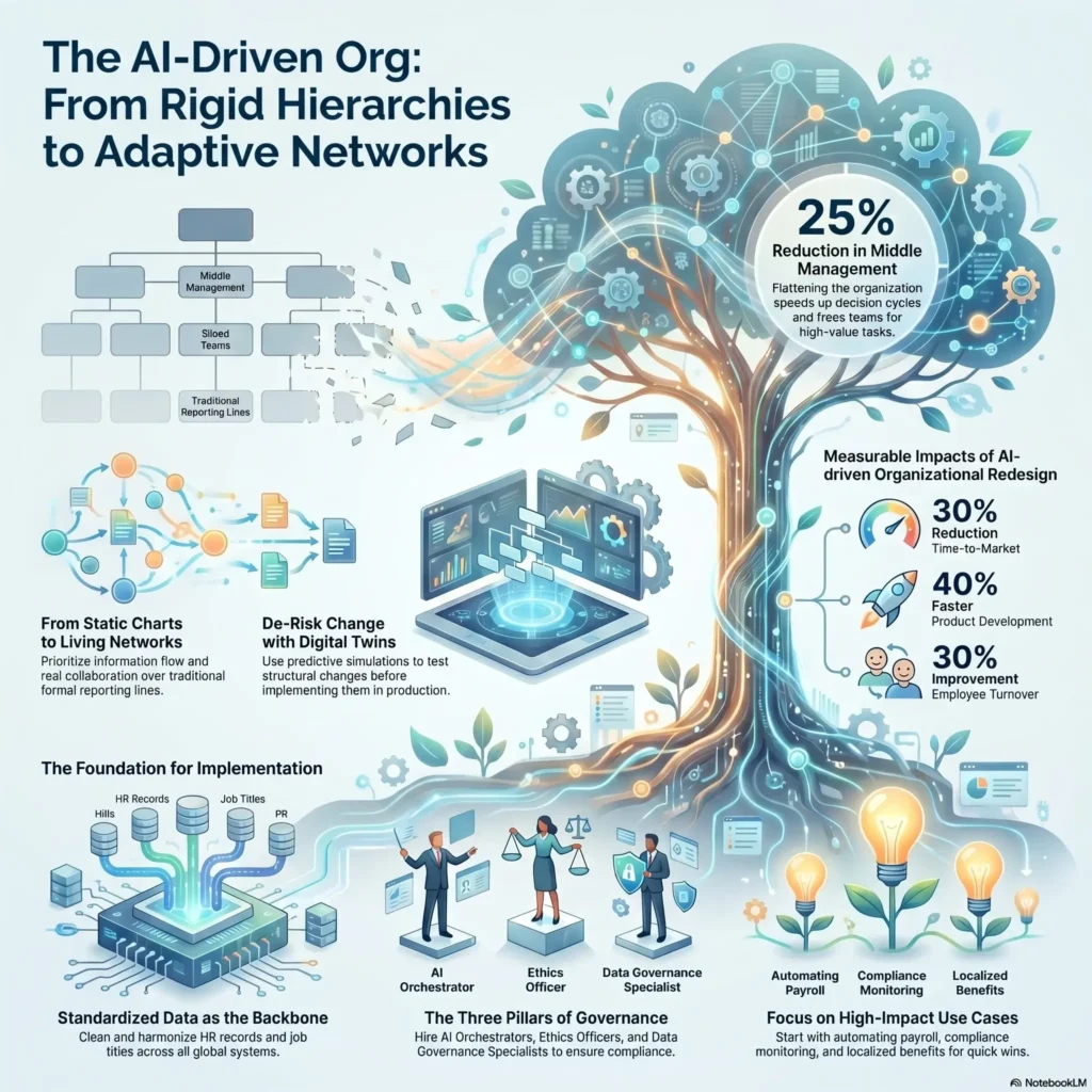 Infographic illustrating the shift to an AI-driven organization, showing the transition from rigid hierarchies to adaptive networks, digital twins for change management, and governance pillars.