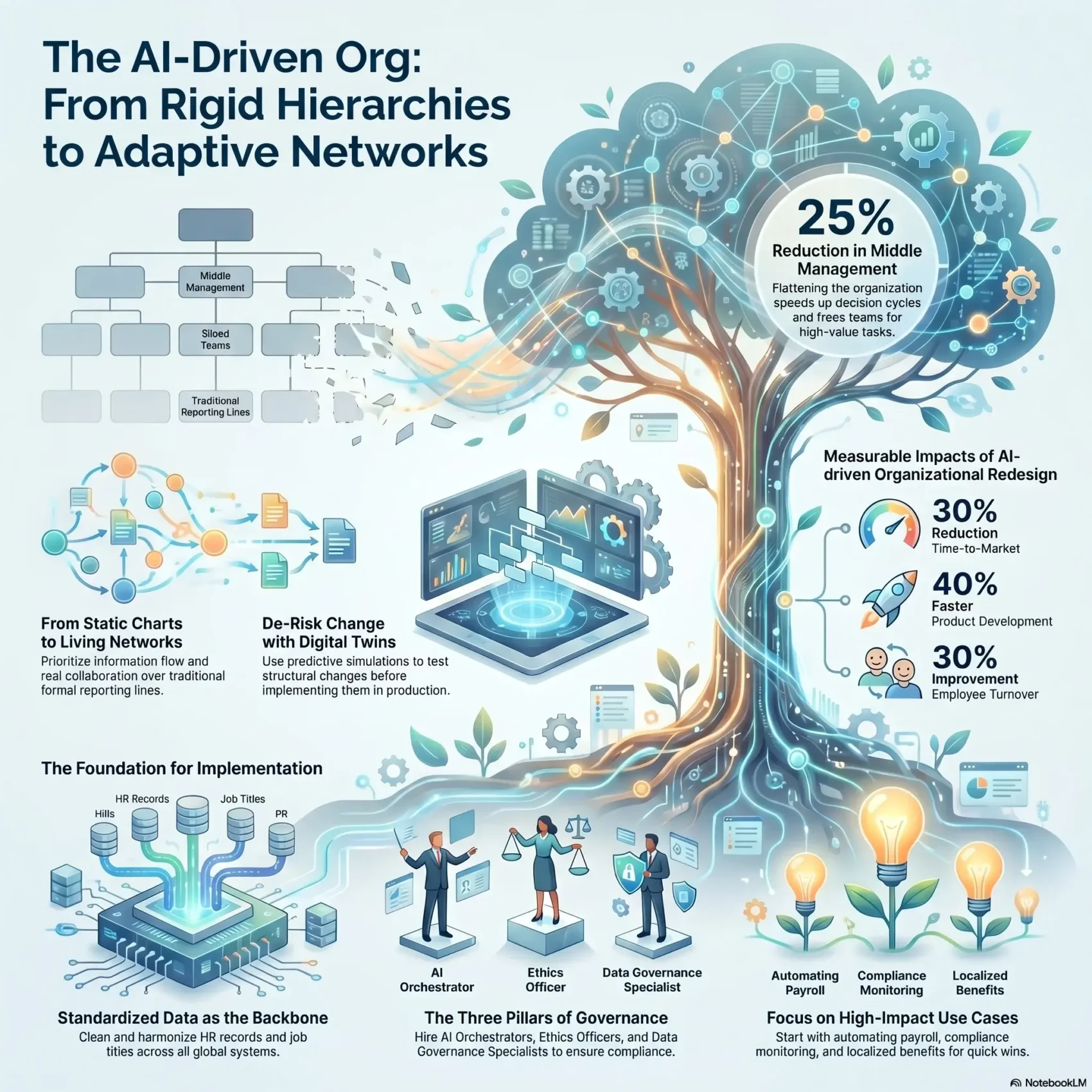 Infographic illustrating the shift to an AI-driven organization, showing the transition from rigid hierarchies to adaptive networks, digital twins for change management, and governance pillars.