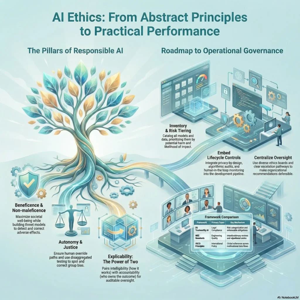SmartKeys infographic explaining an AI ethics framework for responsible decision-making, covering core pillars like beneficence and justice, alongside a roadmap to operational governance.