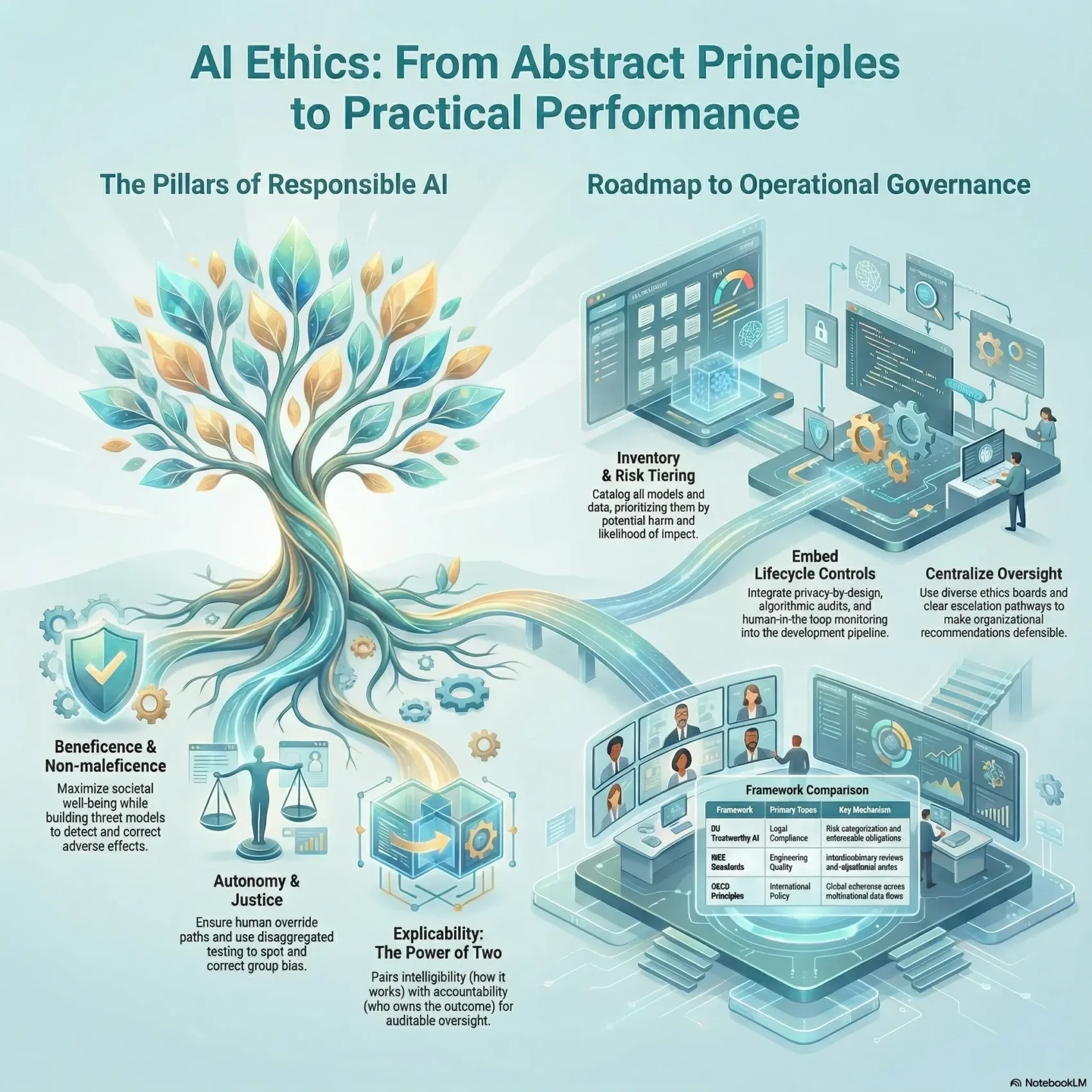 SmartKeys infographic explaining an AI ethics framework for responsible decision-making, covering core pillars like beneficence and justice, alongside a roadmap to operational governance.