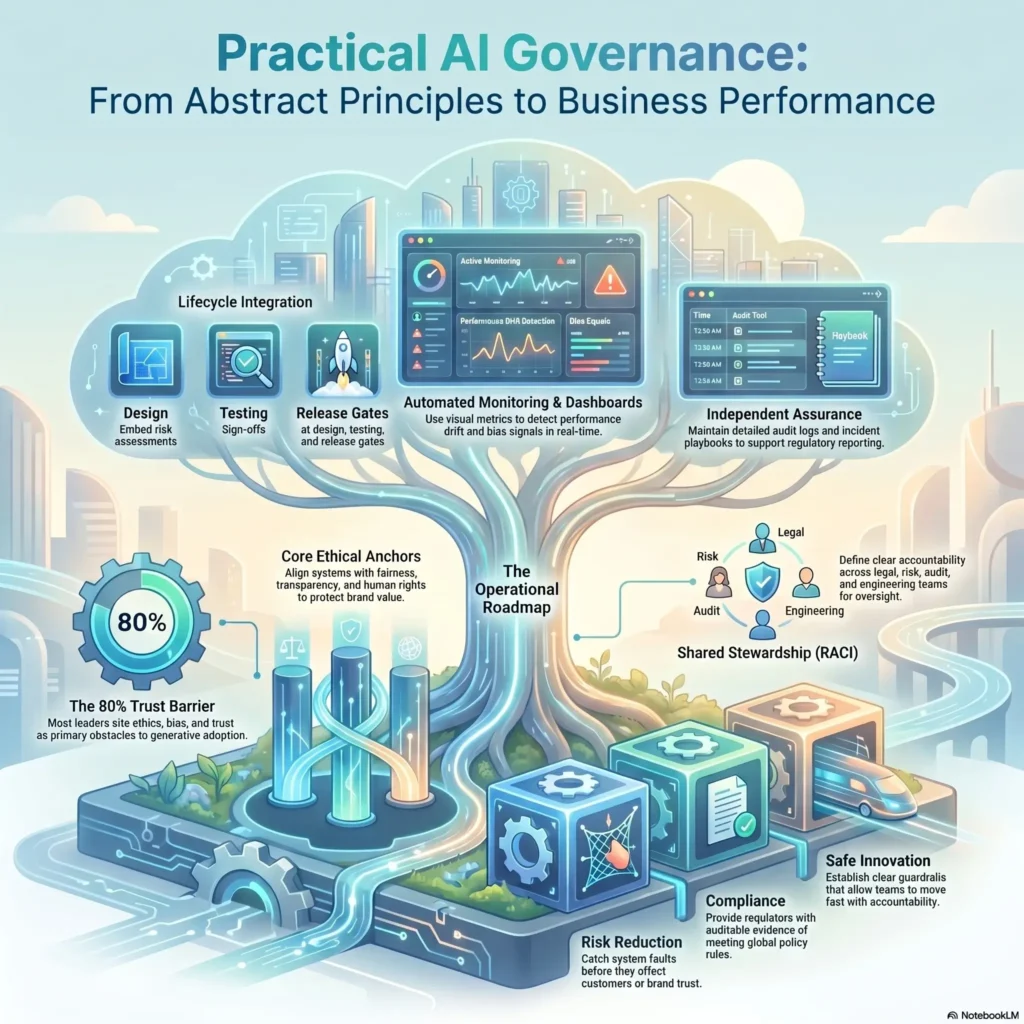 Infographic detailing a practical AI governance roadmap, highlighting lifecycle integration, automated monitoring, core ethical anchors, and strategies for risk reduction.