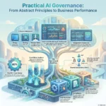 Infographic detailing a practical AI governance roadmap, highlighting lifecycle integration, automated monitoring, core ethical anchors, and strategies for risk reduction.