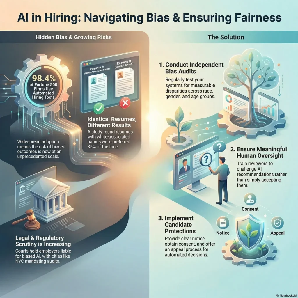 SmartKeys infographic: Navigating AI Hiring Bias & Ensuring Fairness. Highlights the risks of automated hiring tools in Fortune 500 firms and provides solutions: conducting independent bias audits, ensuring meaningful human oversight, and implementing candidate protections like consent and appeal processes.
