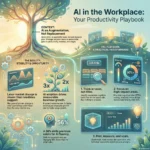 Infographic titled AI in the Workplace: Your Productivity Playbook. It advocates for AI as augmentation rather than replacement, showing a strategy to think in tasks not titles, focus on high-impact areas, and pilot programs to leverage the AI skills premium.