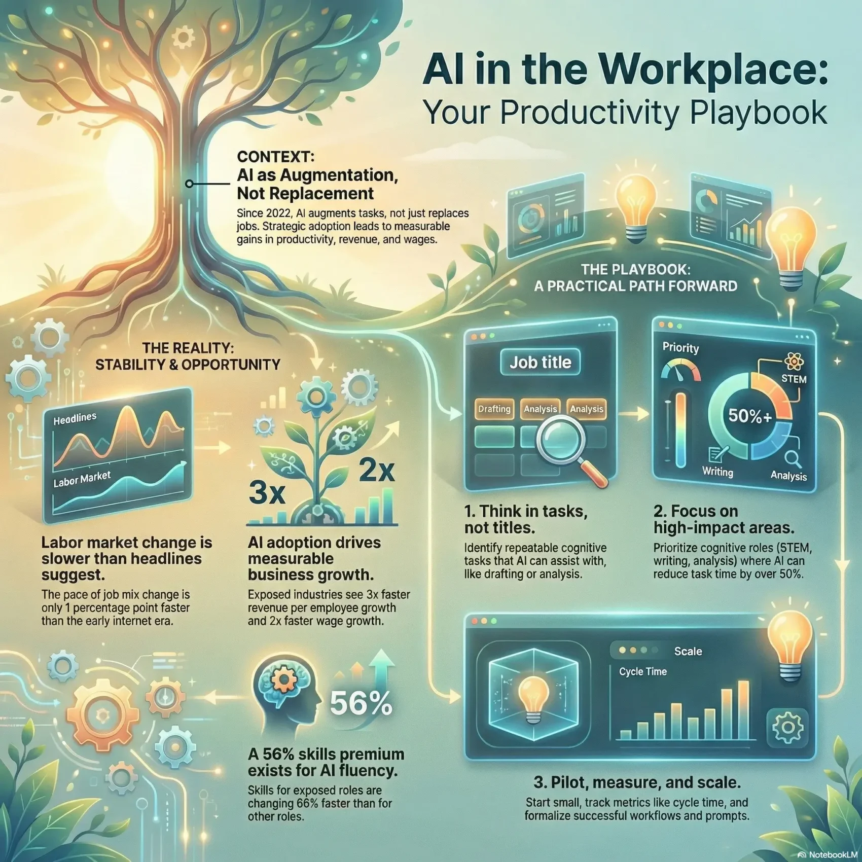 Infographic titled AI in the Workplace: Your Productivity Playbook. It advocates for AI as augmentation rather than replacement, showing a strategy to think in tasks not titles, focus on high-impact areas, and pilot programs to leverage the AI skills premium.