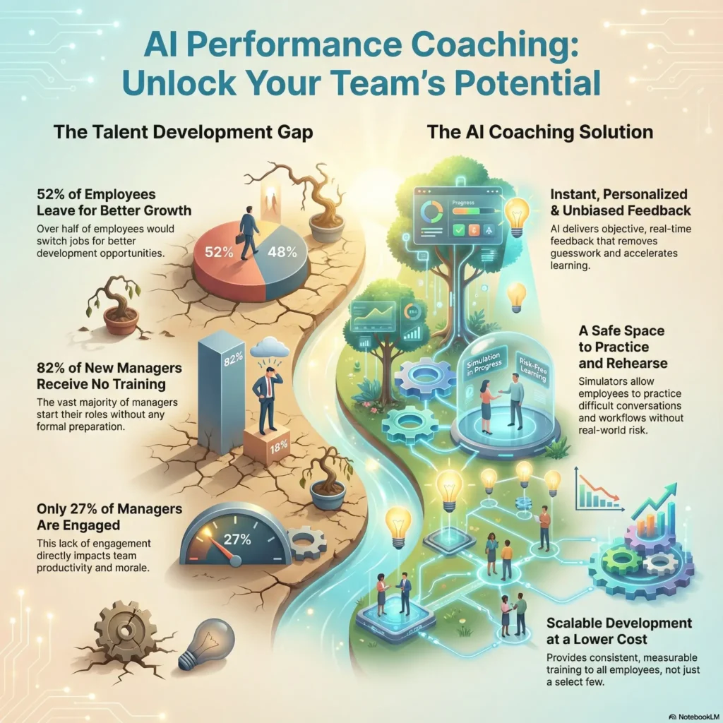 SmartKeys infographic explaining AI performance coaching to bridge the talent development gap, offering instant, unbiased feedback and risk-free simulation environments for employees.