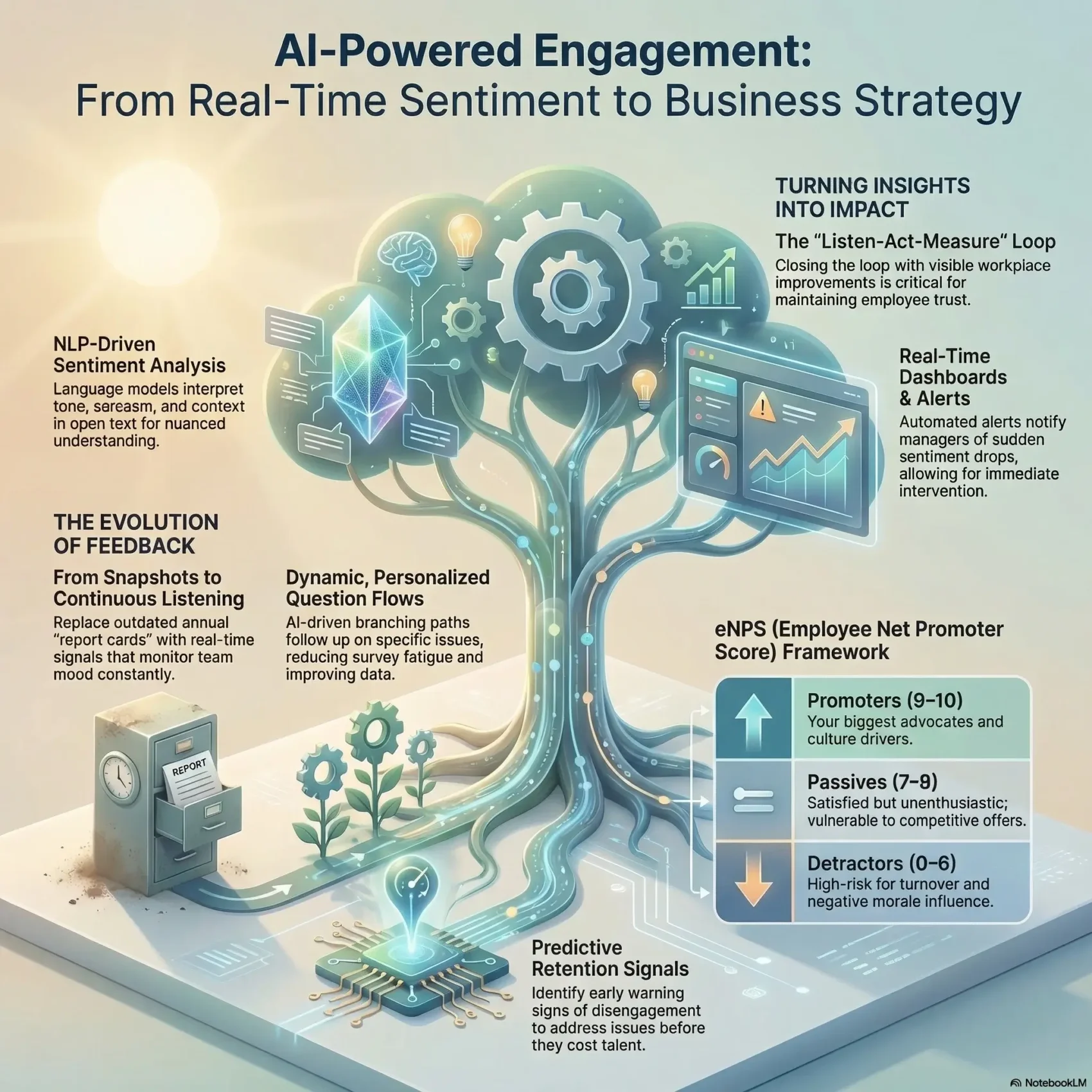 SmartKeys infographic detailing AI-powered engagement surveys, showcasing NLP-driven sentiment analysis, predictive retention signals, and the eNPS framework to turn real-time employee morale insights into business strategy.