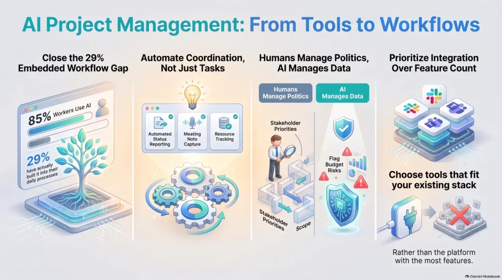 Infographic explaining AI project management workflows, bridging the workflow gap, automating coordination, and prioritizing tool integration by SmartKeys.