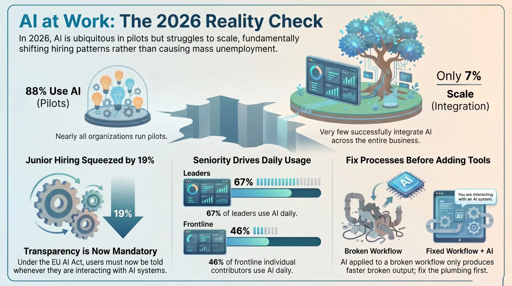 Infographic on AI at work and automation trends for 2026, highlighting pilot adoption rates, scaling challenges, junior hiring impacts, daily usage by seniority, and EU AI Act compliance.