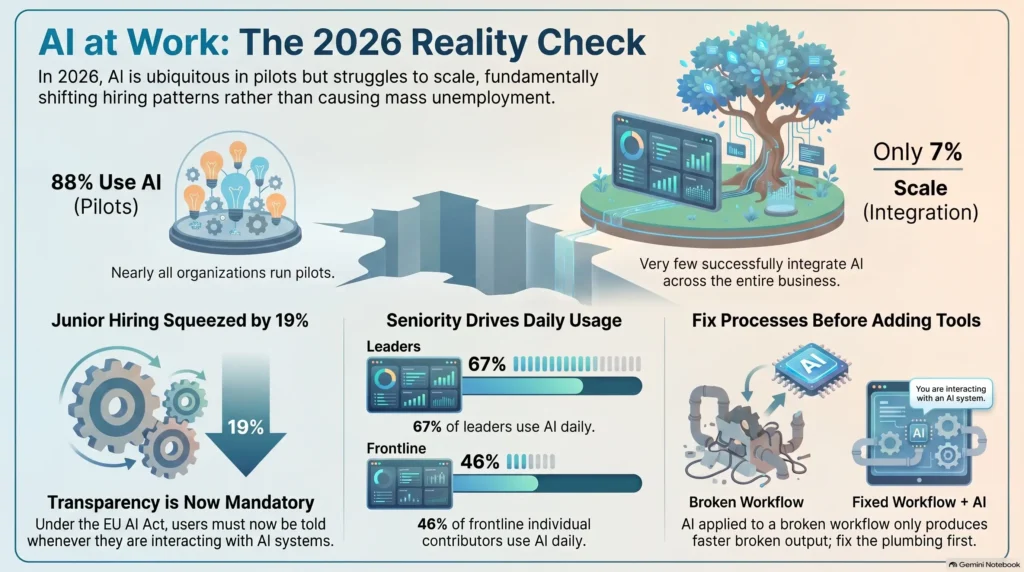 Infographic on AI at work and automation trends for 2026, highlighting pilot adoption rates, scaling challenges, junior hiring impacts, daily usage by seniority, and EU AI Act compliance.