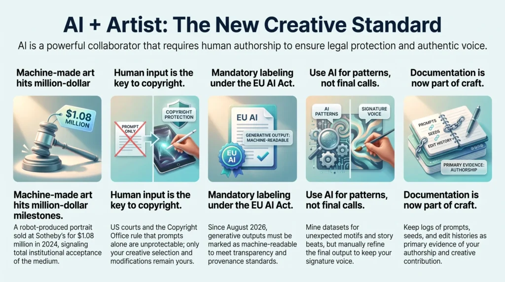 Infographic titled AI + Artist: The New Creative Standard outlining best practices for creative collaboration, copyright protection, and legal compliance. It highlights five key pillars: machine-made art milestones, human authorship requirements for copyright, mandatory labeling under the EU AI Act, using AI for ideation over final output, and documenting prompt workflows to prove creative contribution.