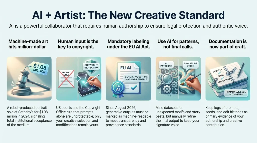 Infographic titled AI + Artist: The New Creative Standard outlining best practices for creative collaboration, copyright protection, and legal compliance. It highlights five key pillars: machine-made art milestones, human authorship requirements for copyright, mandatory labeling under the EU AI Act, using AI for ideation over final output, and documenting prompt workflows to prove creative contribution.